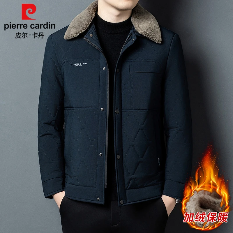 皮尔卡丹服男士加绒加厚棉衣翻领毛领保暖爸爸装棉袄外套冬