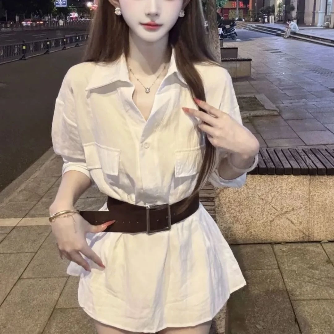 法式纯欲风翻领长袖衬衫女高级感轻熟气质收腰显瘦搭配腰带上衣潮