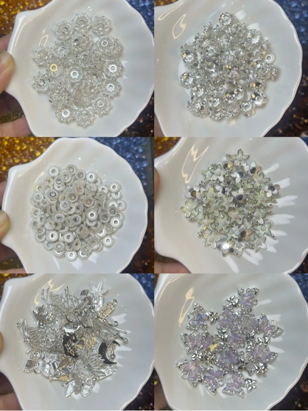 合金花托隔片吊坠DIY饰品配件蝴蝶挂件银色混款吊饰小绿花