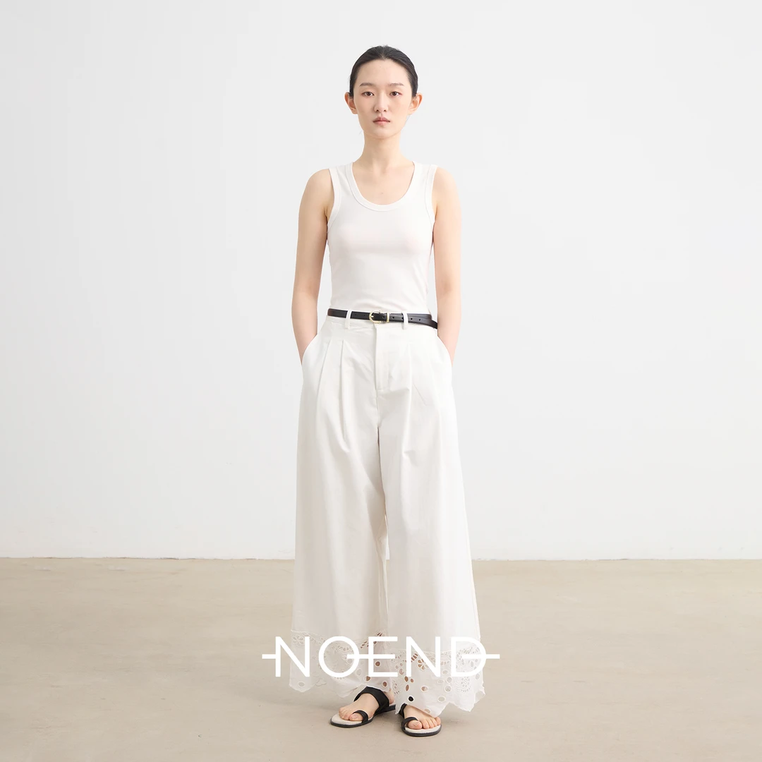 NOEND25SS 透气不透肤白色拼接镂空棉绣花宽松休闲阔腿裤