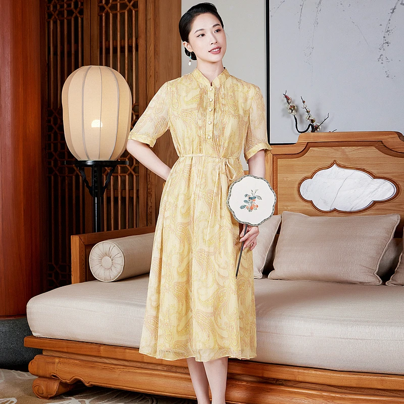 【金缕秾香】桑蚕丝金丝顺纡绉显瘦气质夏季复古中式连衣裙W25735