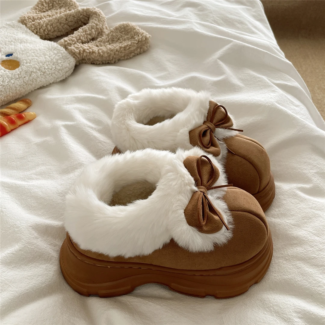 冬季新款雪地靴女款甜美蝴蝶结居家外穿加厚毛绒保暖厚底百搭棉鞋