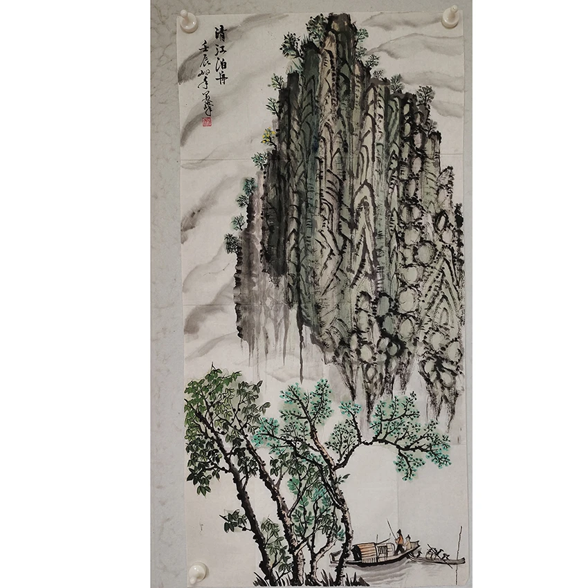 3096  纯手绘老字画《清江泊舟》中堂  尺寸 100×49