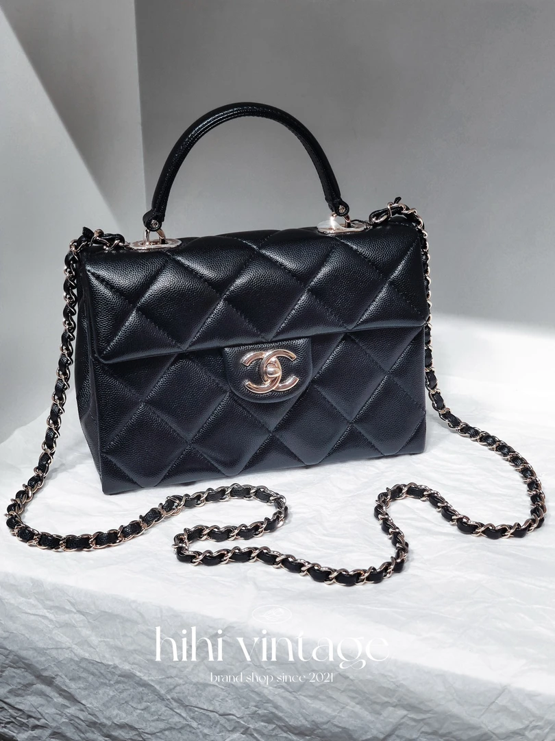 99新 Chanel/香奈儿 黑金荔枝纹Kelly手提单肩包 芯片款 底长21cm