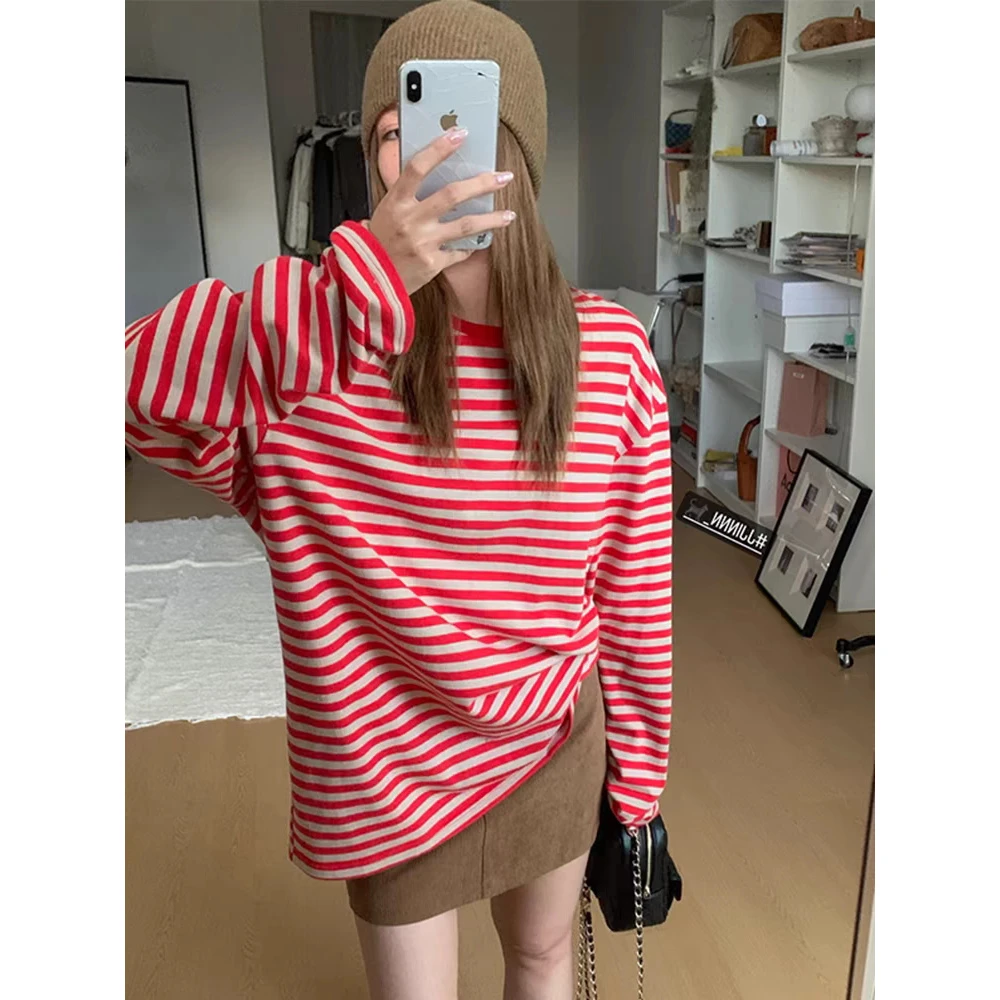 美式chic慵懒风红白条纹圆领t恤女春秋2025新款休闲宽松长袖上衣