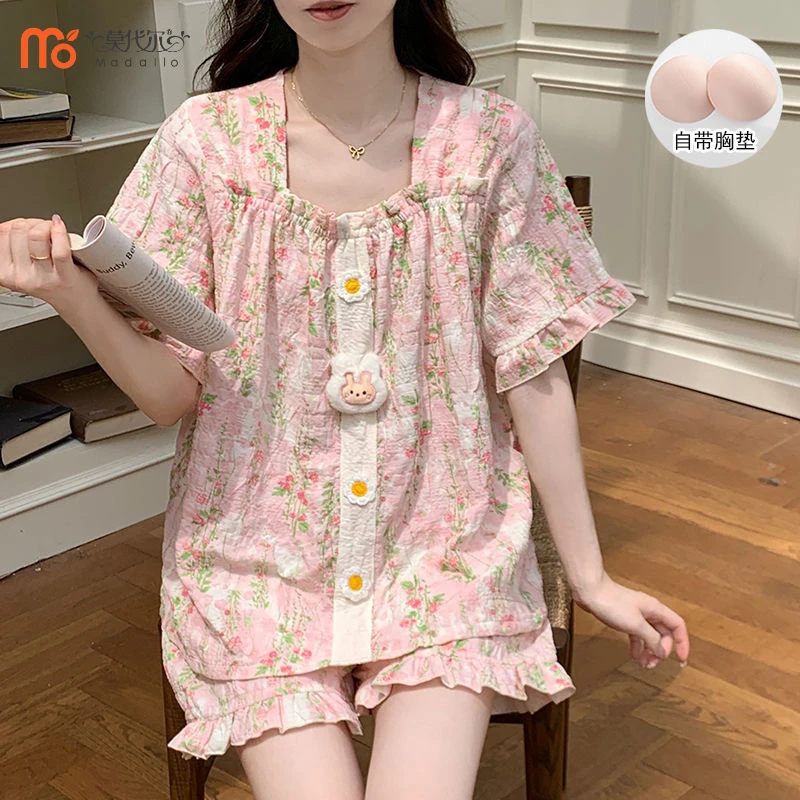 莫代尔2025新款卡通带胸垫睡衣女夏季少女可爱碎花外穿宿舍家居服