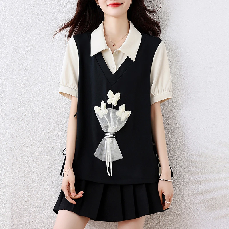 大码短袖衬衫2025新款衬衣高级感夏季假两件立体花朵上衣