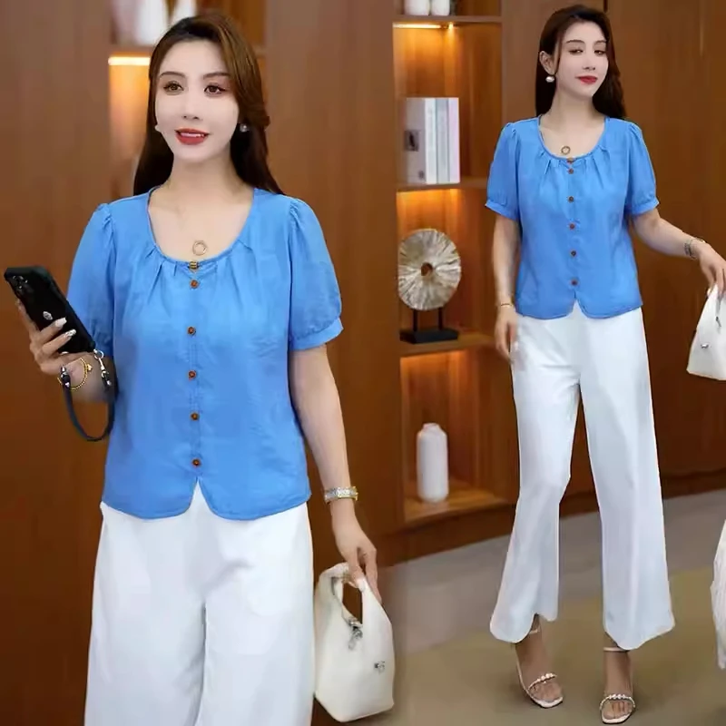 时尚气质套装女2025夏季新款洋气显瘦设计感短袖衬衫阔腿裤两件套