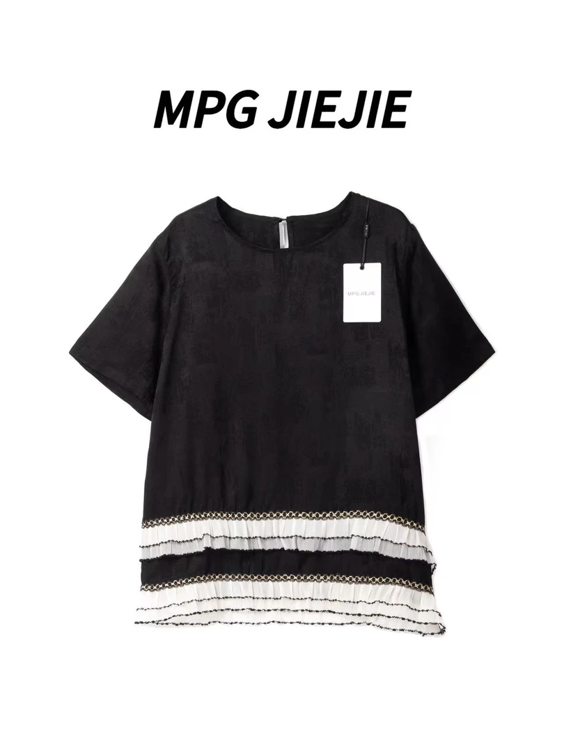 MPG JIEJIE【双重奏】25春夏针织时尚百搭黑白蕾丝拼接T恤