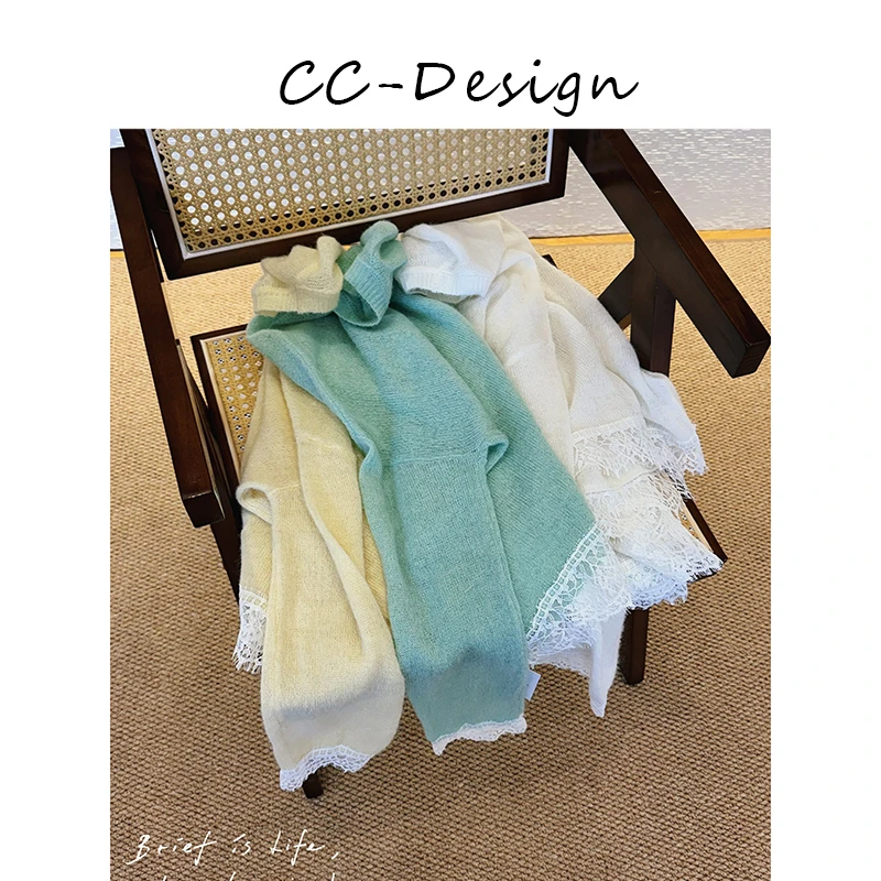 CAICAI-【蕾丝拼接】春季新款马海毛拼接蕾丝百搭纯色针织衫054048