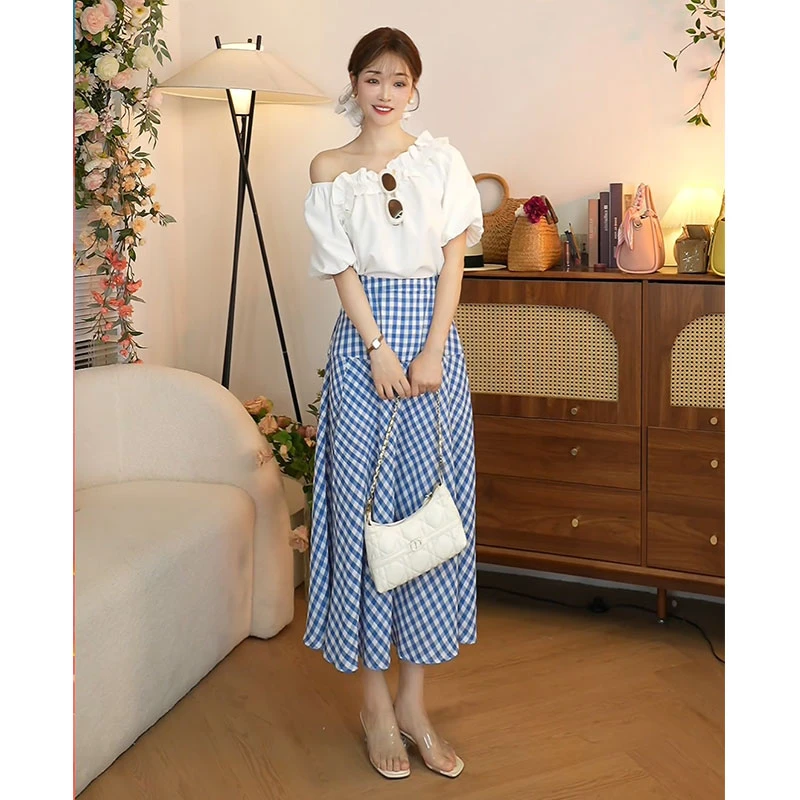【白色花苞领短袖套装】设计感半身裙高腰泡泡袖格子小清新常规套装