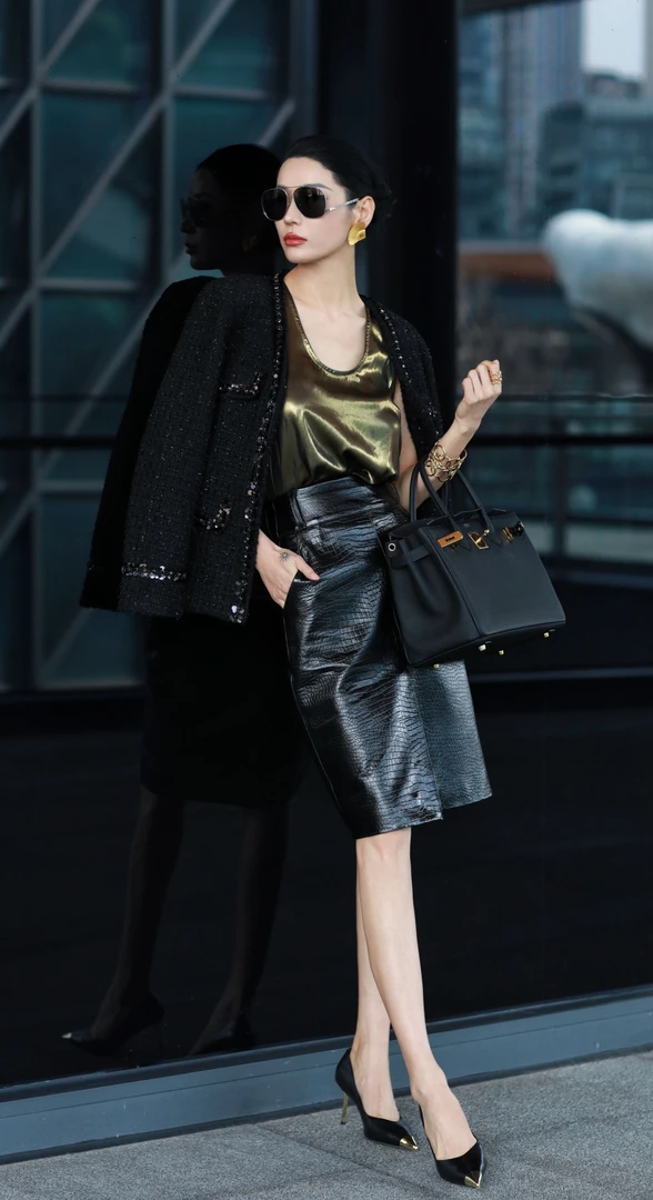 设计师款鳄鱼纹小羊皮高腰显瘦中长款半裙7799