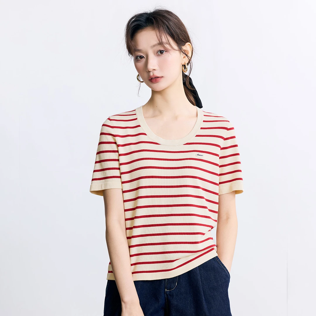 【恋夏穿搭】茵曼夏季百搭经典条纹短袖针织衫女显瘦通勤减龄上衣