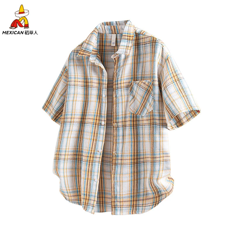 稻草人经典款格子衬衫夏季薄款宽松痞帅薄款男士休闲宽松衬衣开衫