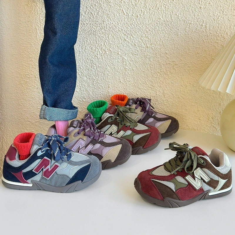 童鞋25新韩版儿童运动鞋2025春秋新款男童复古德训鞋n网墨素潮鞋