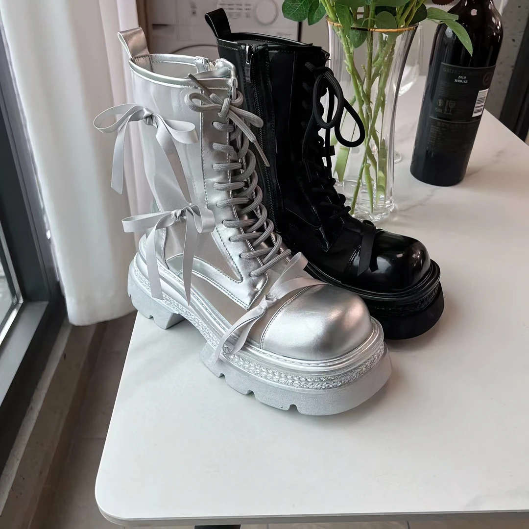 【HeiPa】付小付家【蝴蝶结网靴】新款潮走秀厚底休闲短靴鞋运动