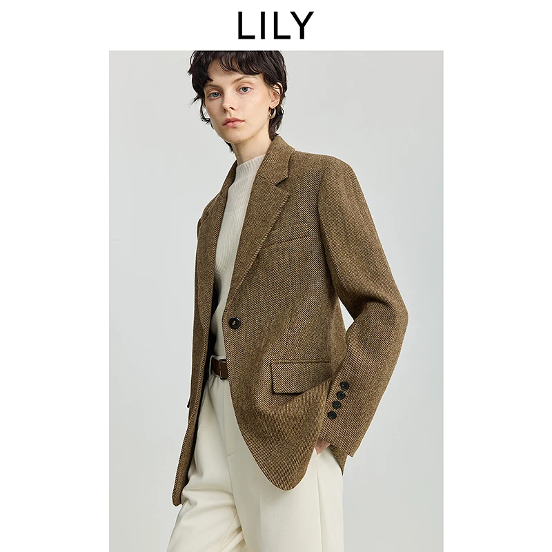 100%羊毛LILY2025冬复古老钱加厚气质通勤西装外套女125409C2913