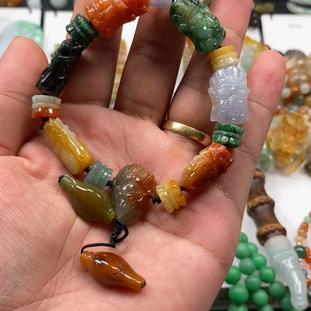 用***1翡翠未镶嵌手串特色翡翠财神多宝手串