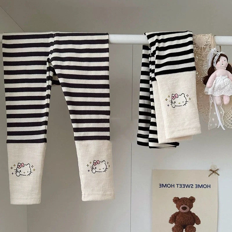 2025新款打底裤春秋女童韩版时尚百搭条纹拼色紧身长裤显瘦外穿