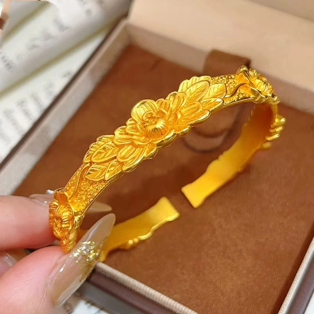 铜合金手镯 古法牡丹花开口手镯女复古高级感花开富贵妈妈首饰品
