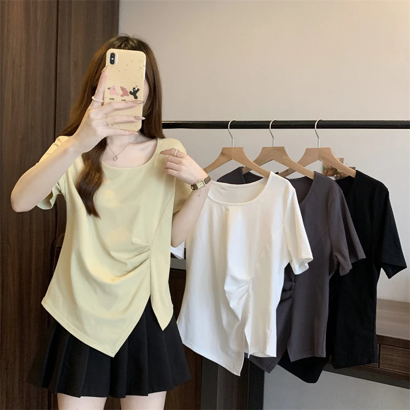 大码女装夏季休闲纯色百搭简约时尚宽松显瘦开叉修身上衣1110