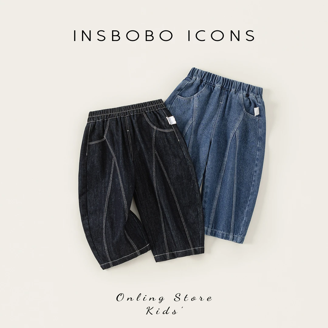 INSbobo儿童牛仔裤简约裤子松紧腰几何拼接设计感牛仔裤潮QK85021