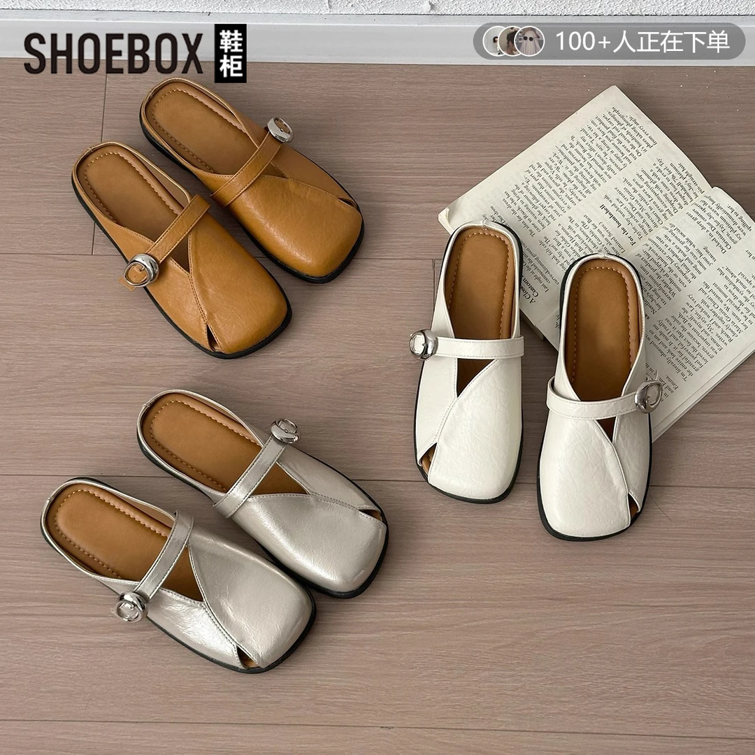 达芙妮集团旗下2025夏新款法式包头半拖鞋女外穿百搭平底懒人凉鞋