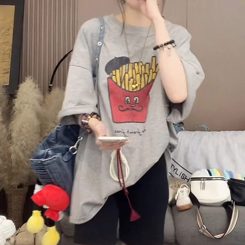 【薯条派】2025春夏新款休闲百搭薯条字母印花短袖T恤女中长款上衣