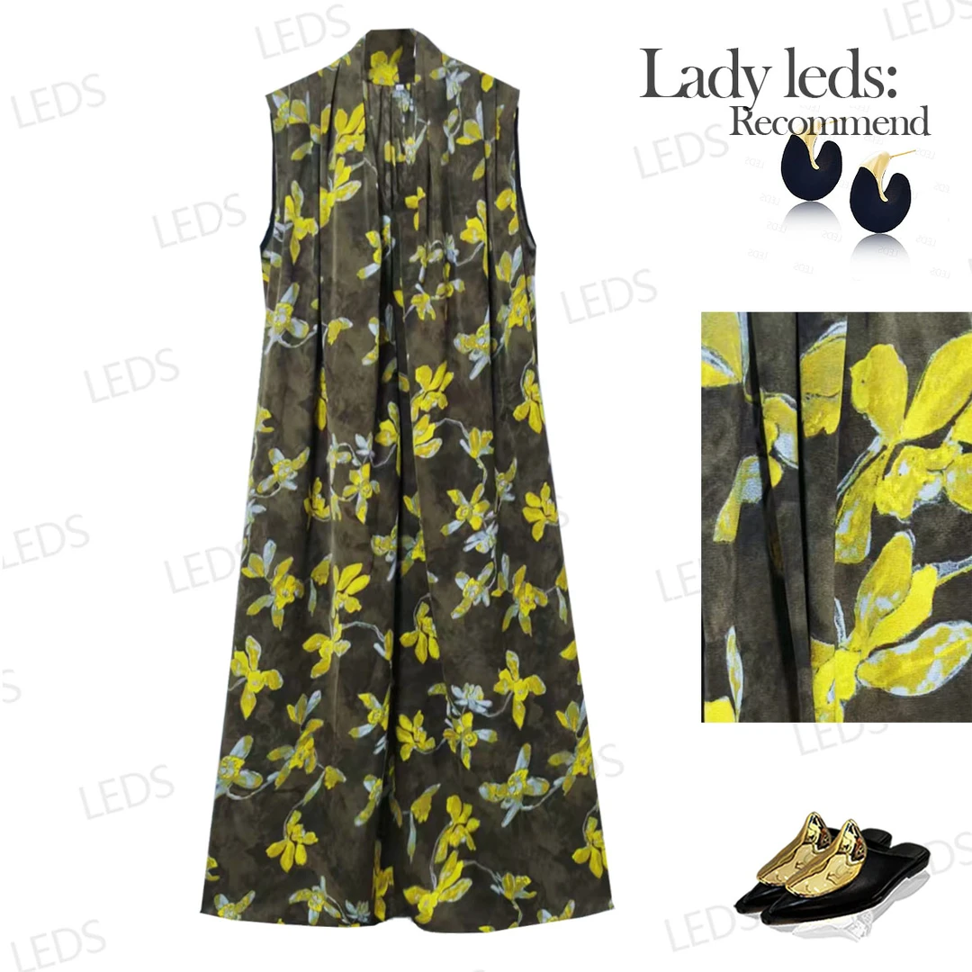 LEDS  1736-1夏季优雅印花休闲V领时尚鱼尾裙连衣裙