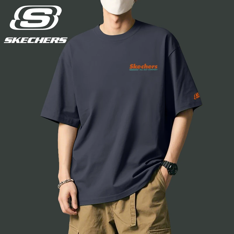 斯凯奇休闲运动T恤男2025新款圆领印花短袖潮流百搭宽松透气棉T