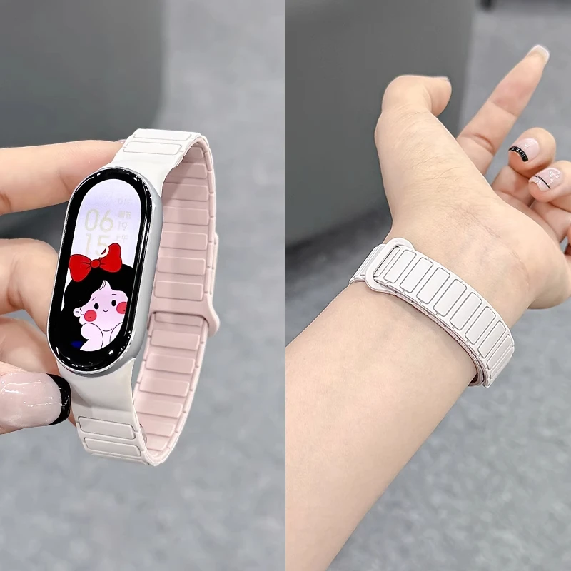 张婧仪同款适用小米手环8nfc版拼色一体工装磁吸硅胶表带8/9nfc版