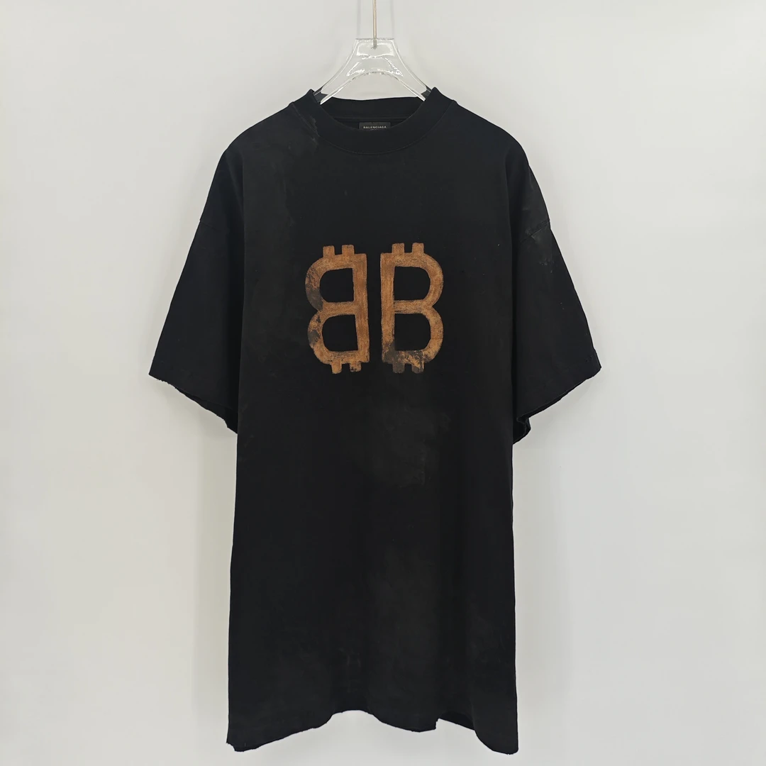 99新 Balenciaga/巴黎世家 比特币双B做旧破坏短袖/3码/Sw24865
