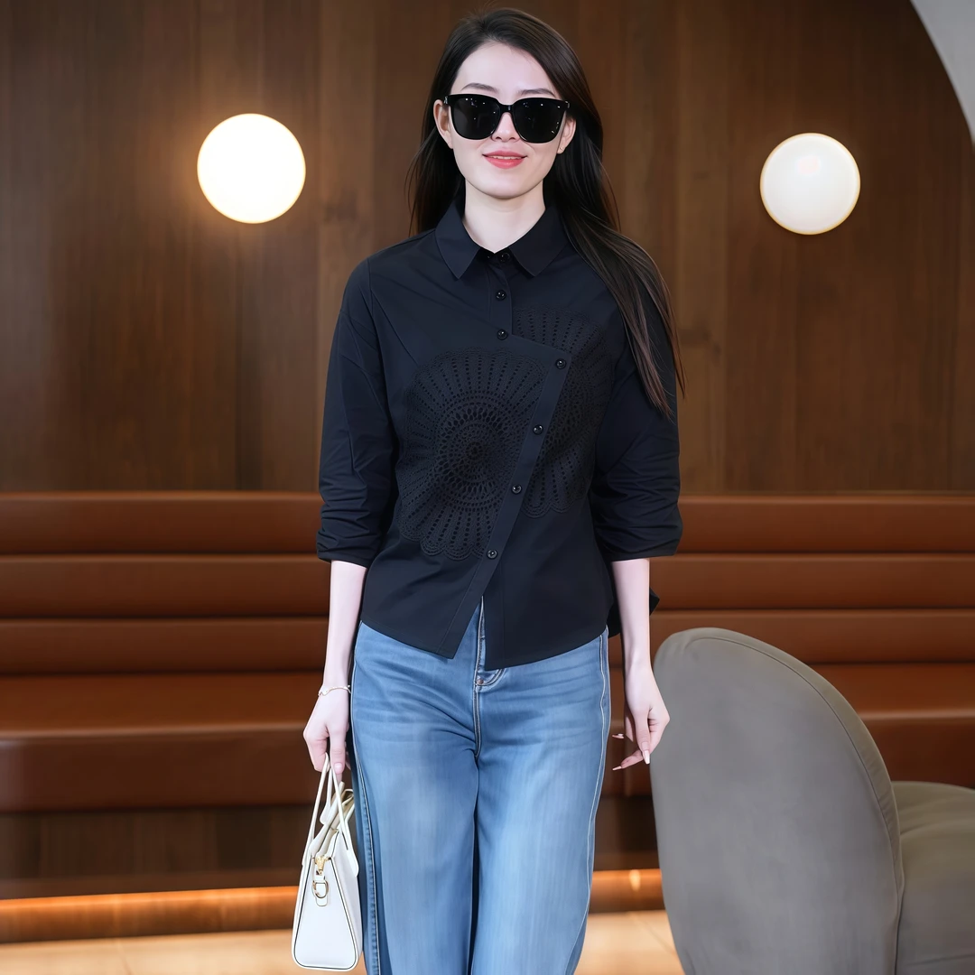 2025秋季新款绣花上衣衬衫八分袖国风设计感显瘦时尚休闲气质