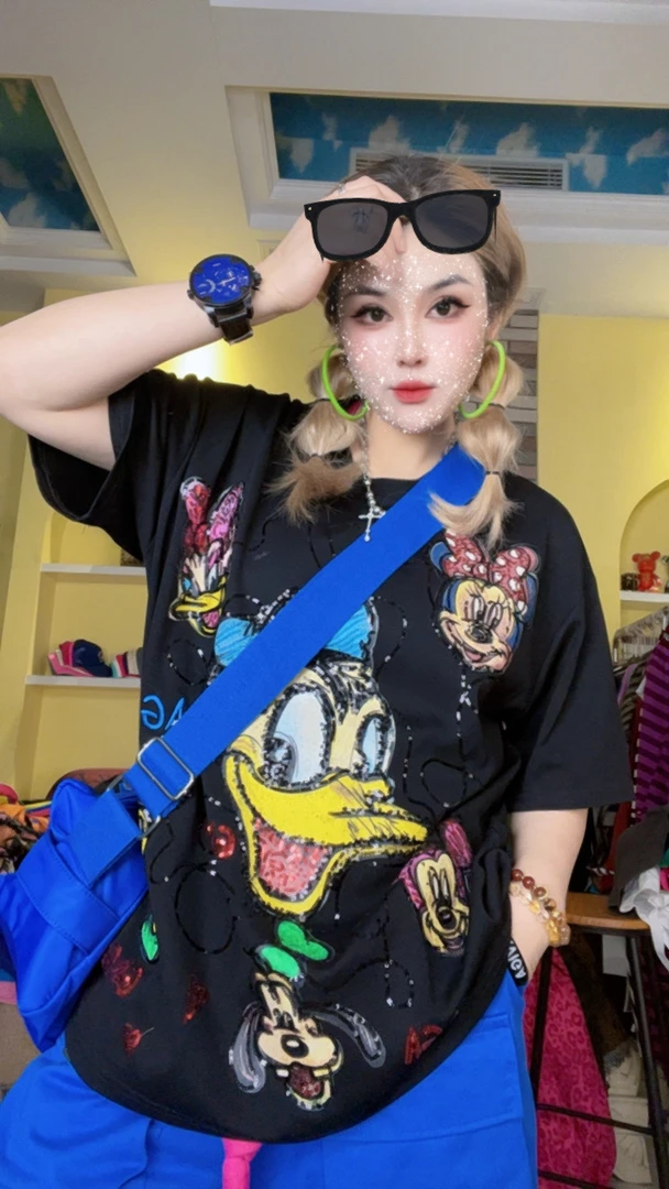 夏季薄款棉亮片米奇唐老鸭印花个性圆领短袖T恤9935