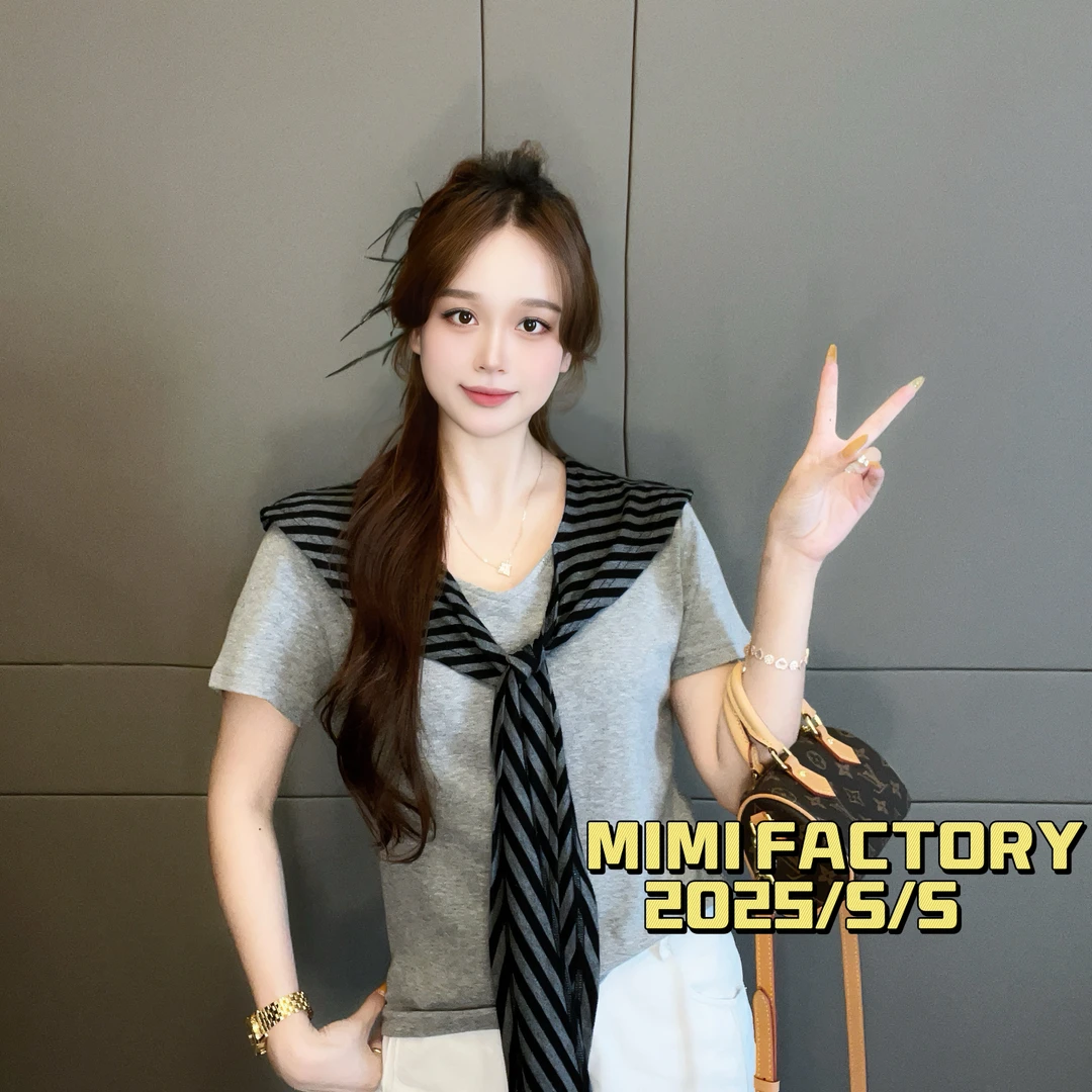 2025新款慵懒拼接披肩气质短袖T恤女百搭修身显瘦上衣5609#