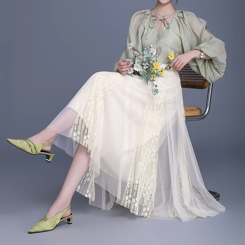 网纱拼接蕾丝A字半身裙春夏纱裙中长款高腰显瘦长裙春秋1C春9333