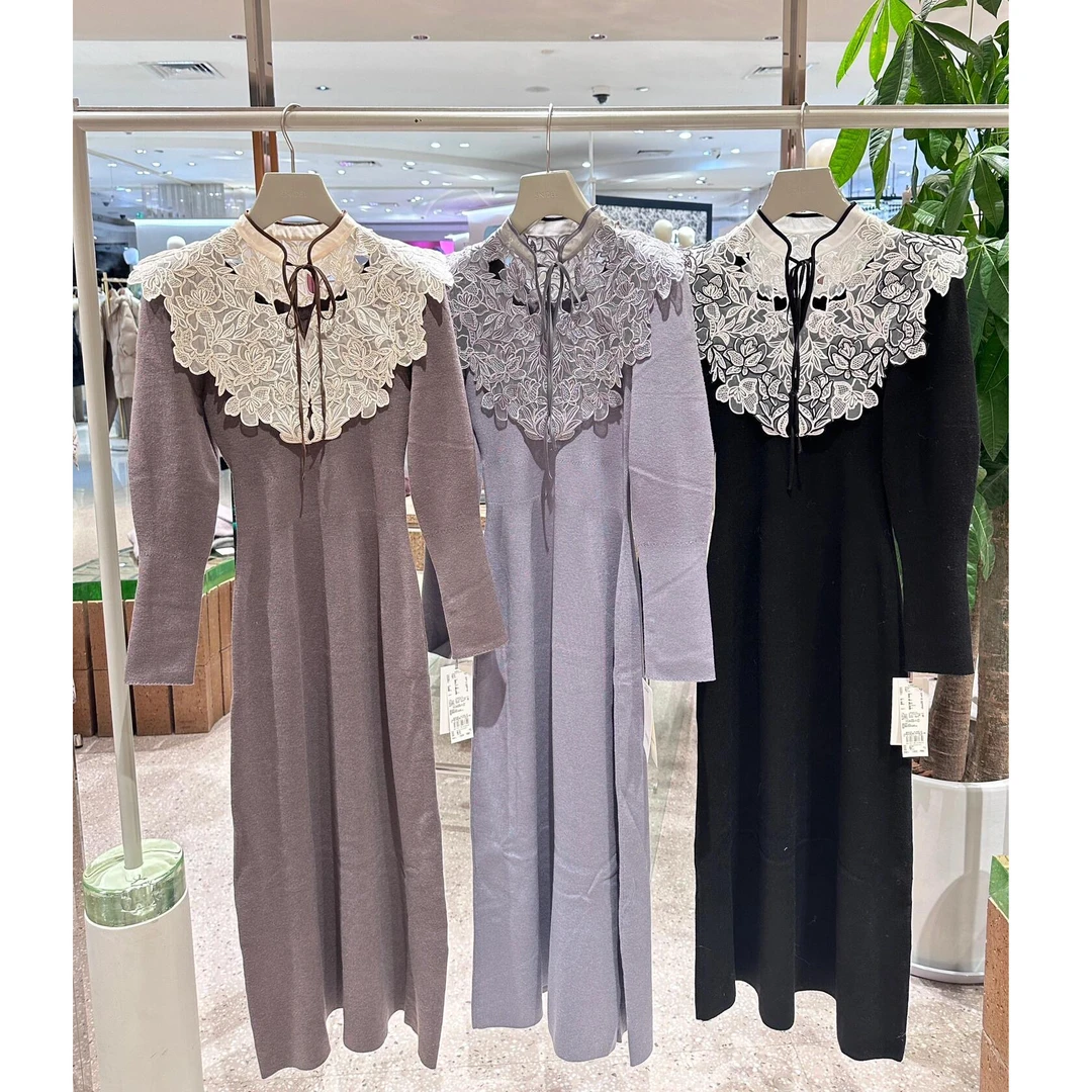 美子酱 日系气质优雅小立领系带蕾丝提花修身针织连衣裙 S5068-3