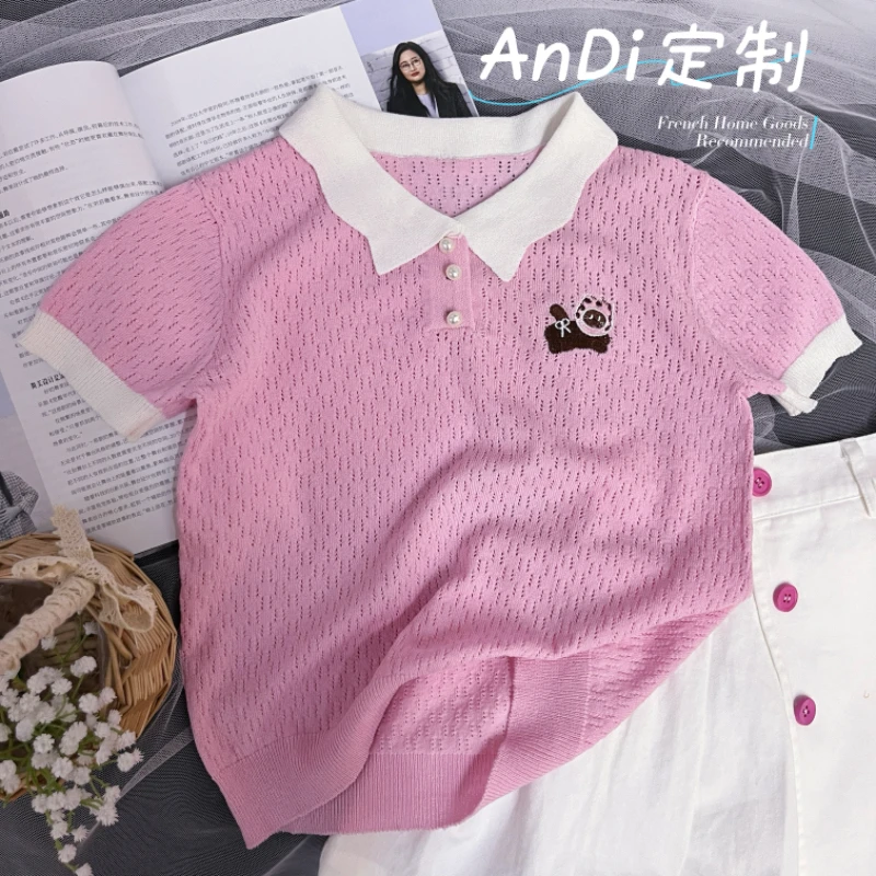 〖ANDI〗安迪订制女童夏季领口袖口拼色翻领时尚短袖4168