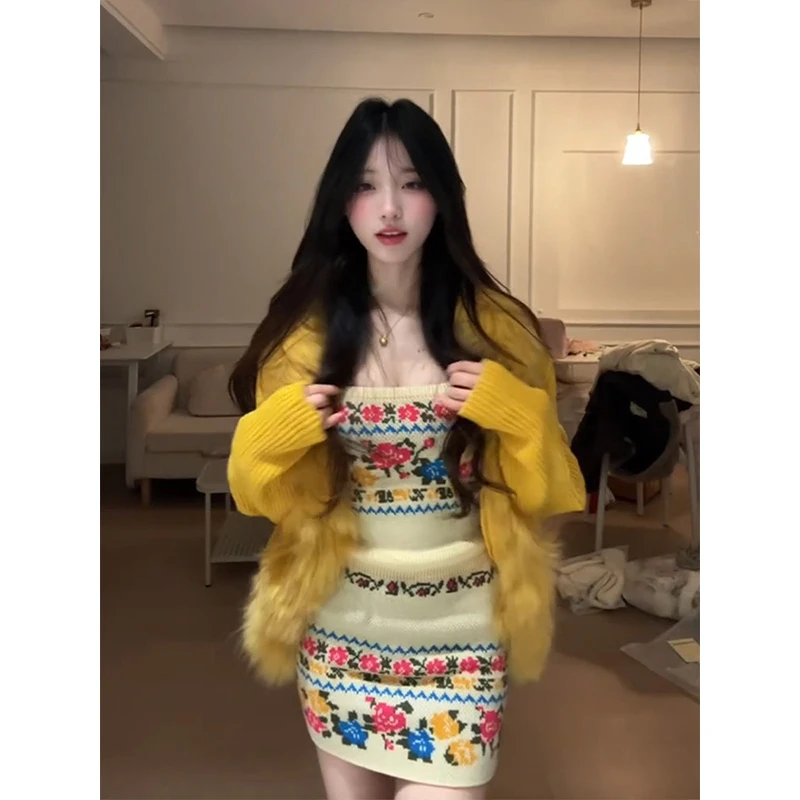 parkyeon韩系千金风黄色长袖毛领外套叠穿内搭玫瑰花抹胸裙套装