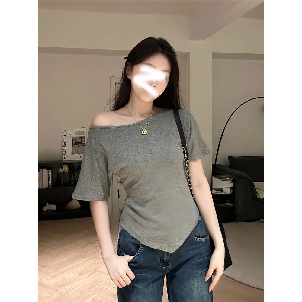 春夏新款修身显瘦纯色不规则下摆女上衣辣妹百搭斜肩灰色短袖T恤