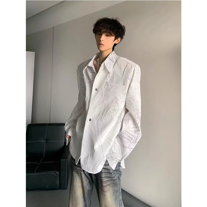 小众解构肌理感白色裂纹正肩花衬衫男春季美式高级感痞帅宽松衬衣