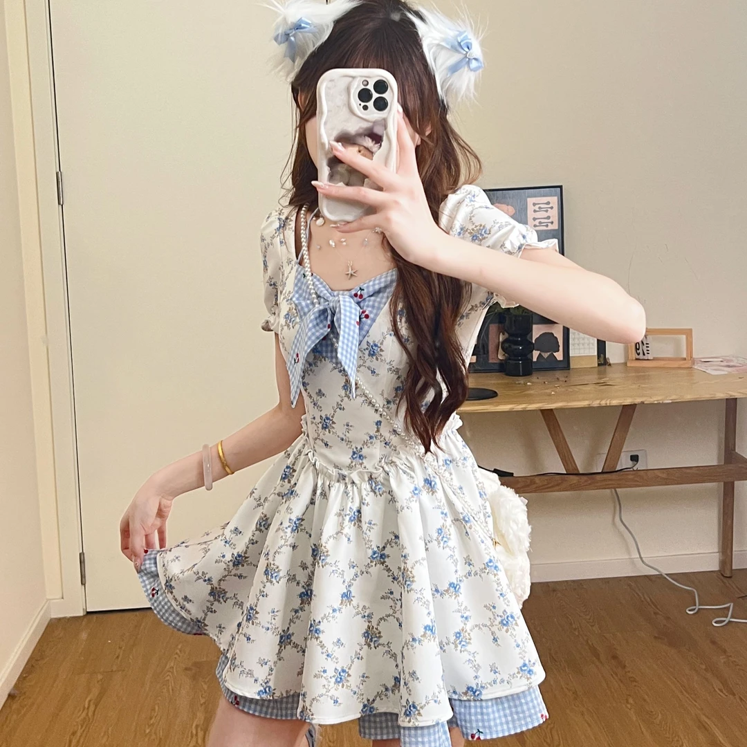 甜草奶酪蓝色短袖版 织物猪原创 度假风碎花假两件收腰显瘦连衣裙