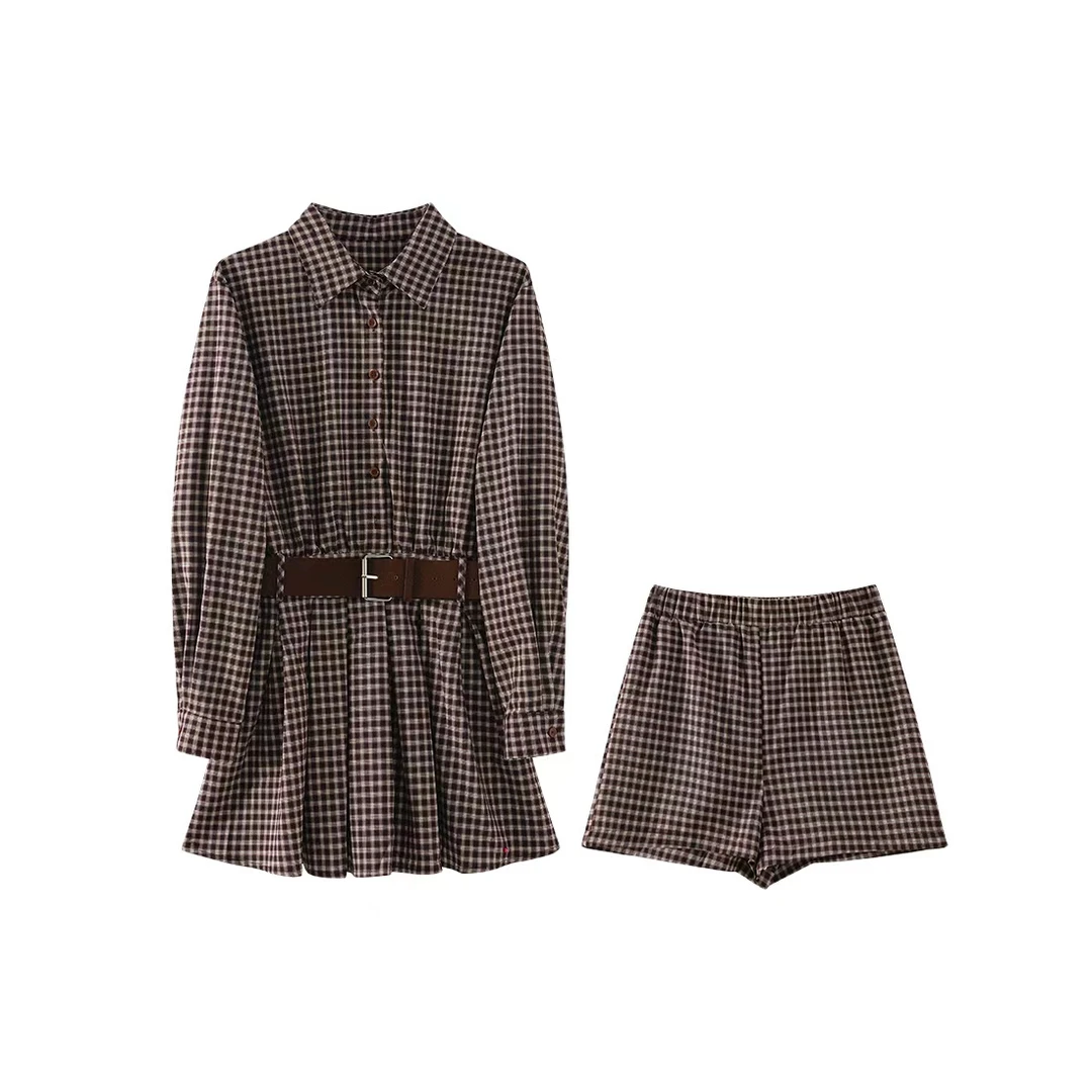 "布朗尼"秋季新款减龄格子衬衫连衣裙+短裤套装K027