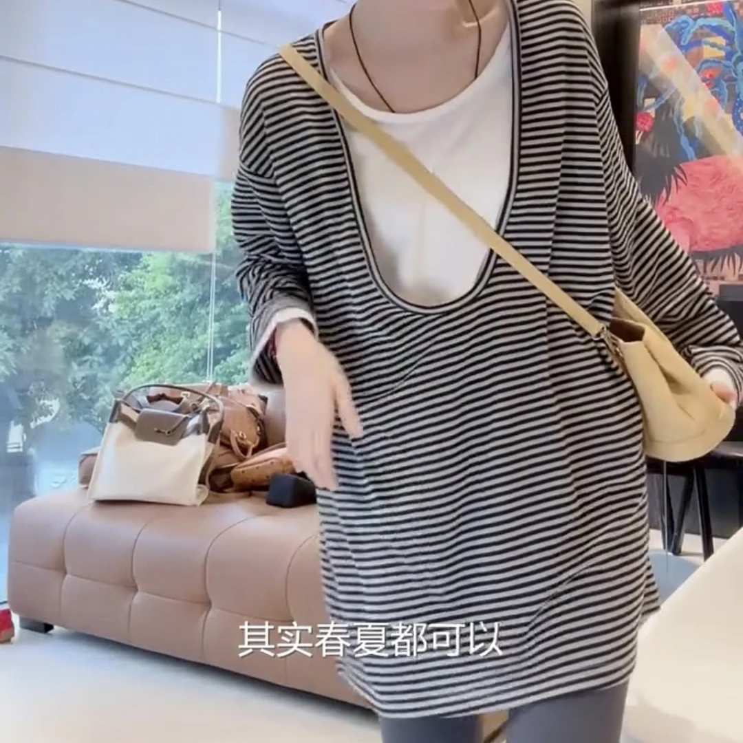 长袖条纹常规款纯色撞色条纹T恤套装假两件Y3K工装风