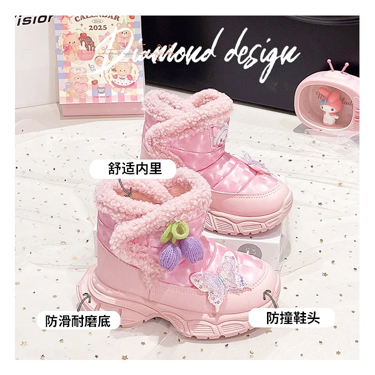 新款爆款蝴蝶郁金香公主鞋国风中童6-12岁雪地靴新款宝宝幼儿鞋