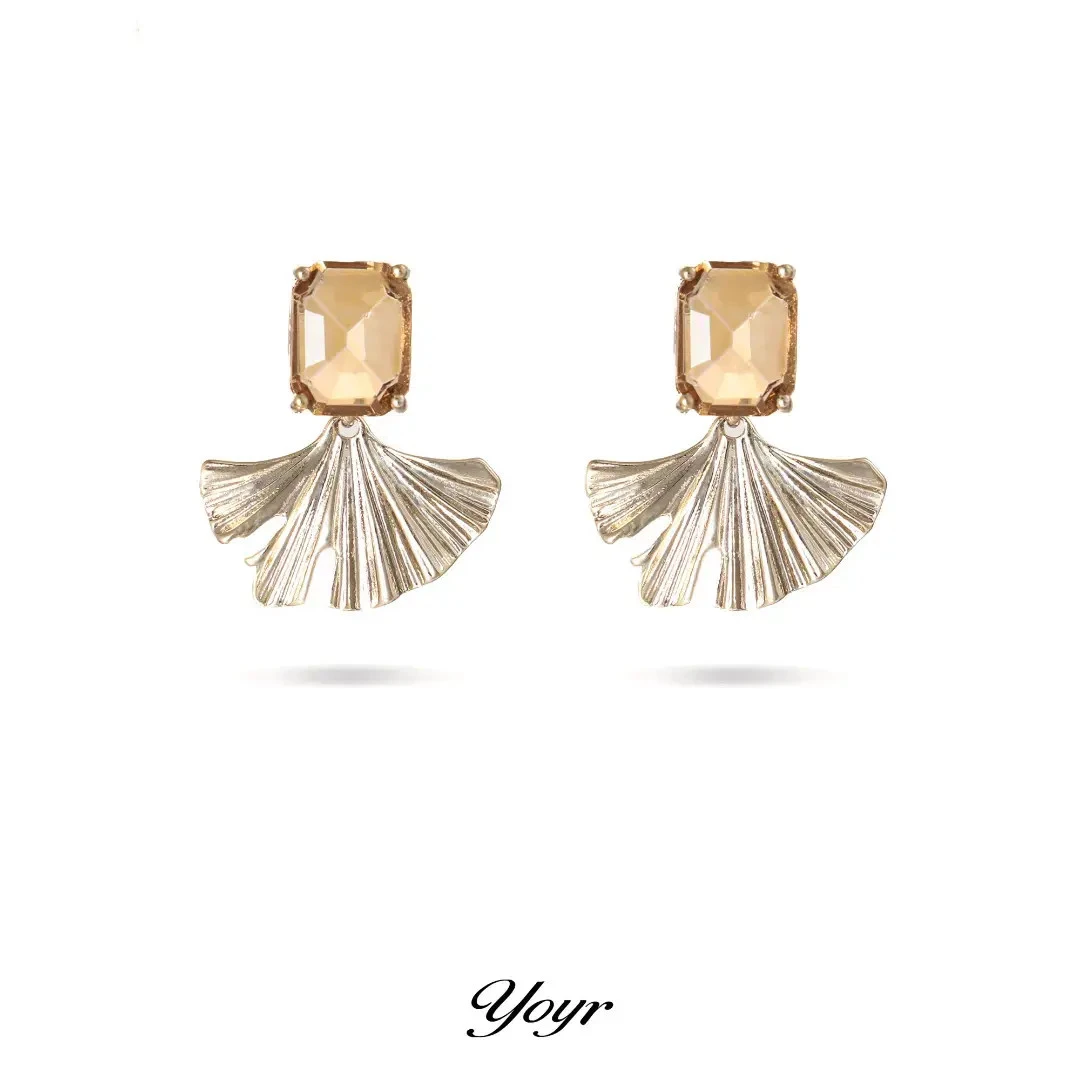 YOYR 铜合金耳饰 锆钻杏叶耳钉锆石银杏叶轻奢气质款扇形耳环