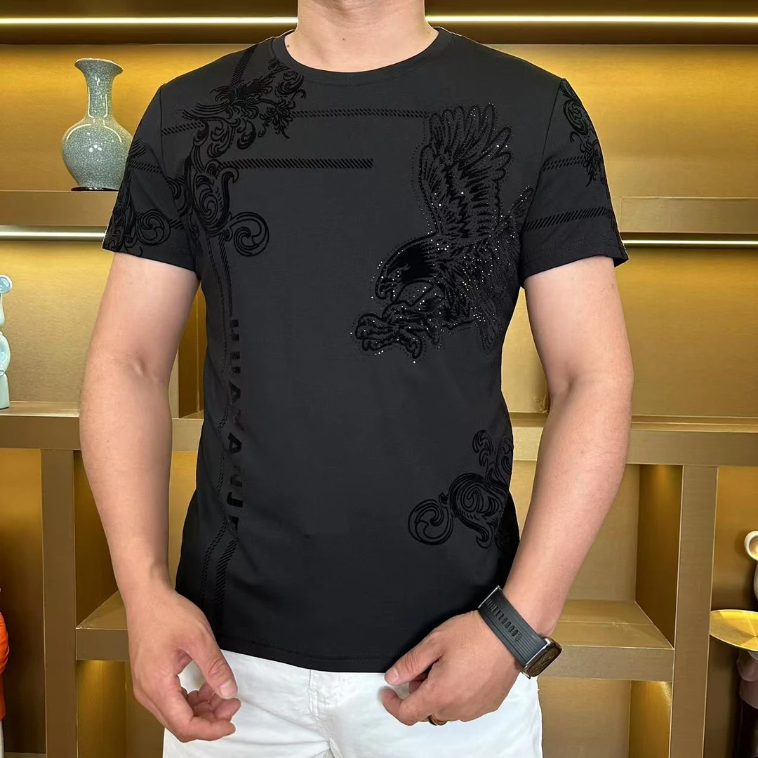 夏季超薄高档欧货植绒短袖男T恤909