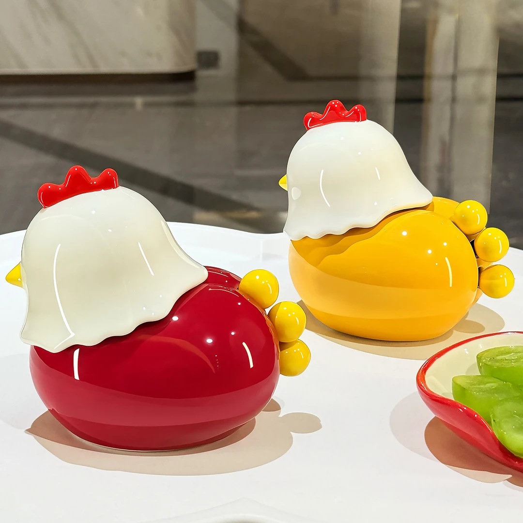 小鸡陶瓷牙签盒二合一水果叉套装棉签牙线收纳盒家用高档创意摆件