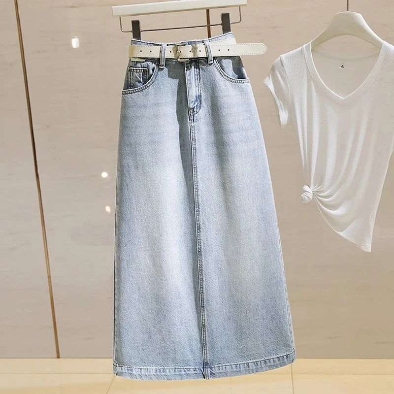 culv复古牛仔半身裙女中长款夏季新款高腰显瘦百搭a字包臀裙长裙