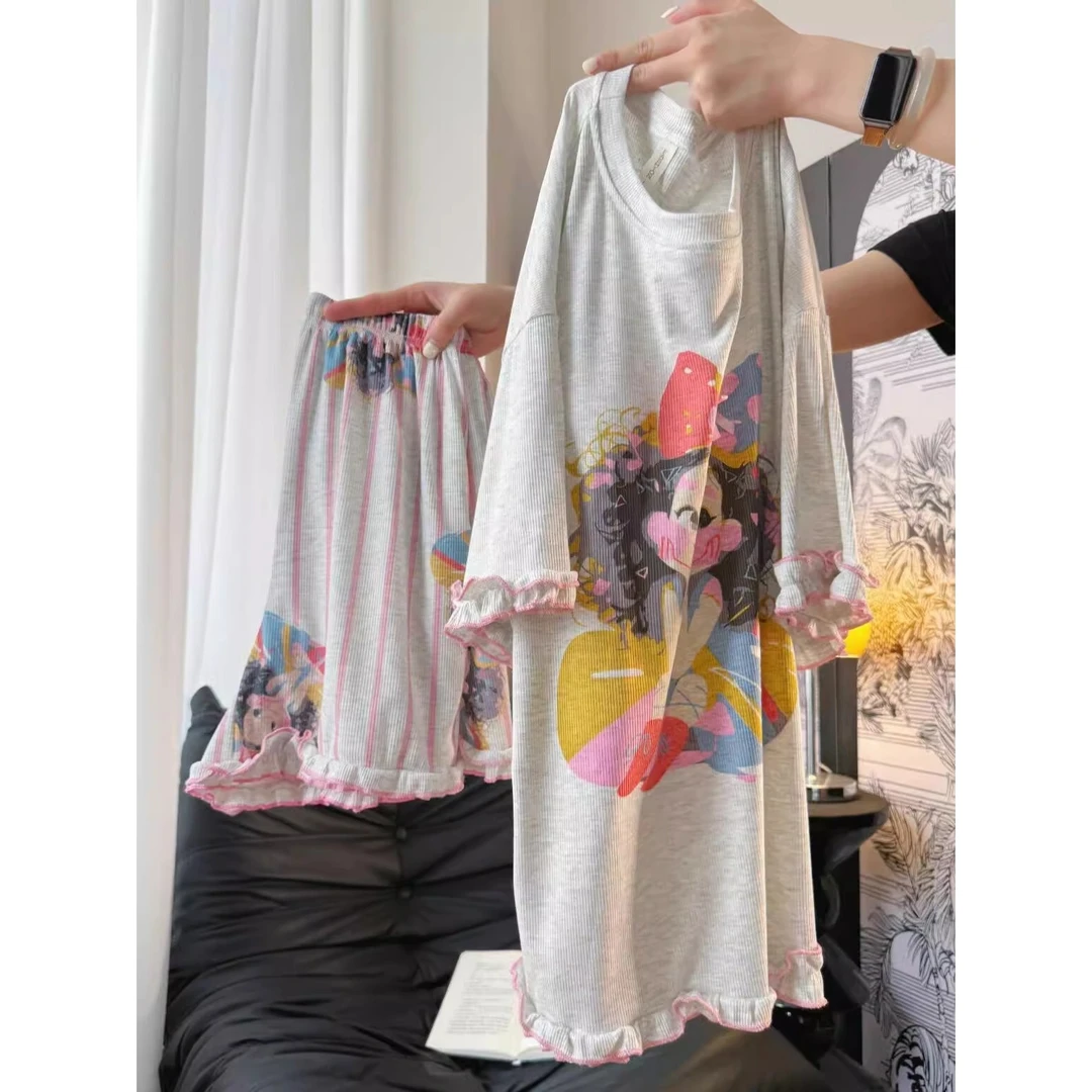 可爱少女卡通印花短袖睡衣女夏季2025新款T恤长裤舒适家居服套装
